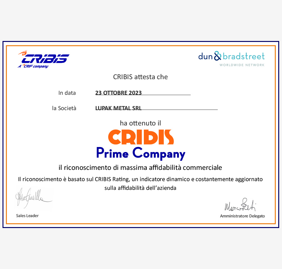Certificazione CRIBIS Prime Company ottenuta da Lupak Metal