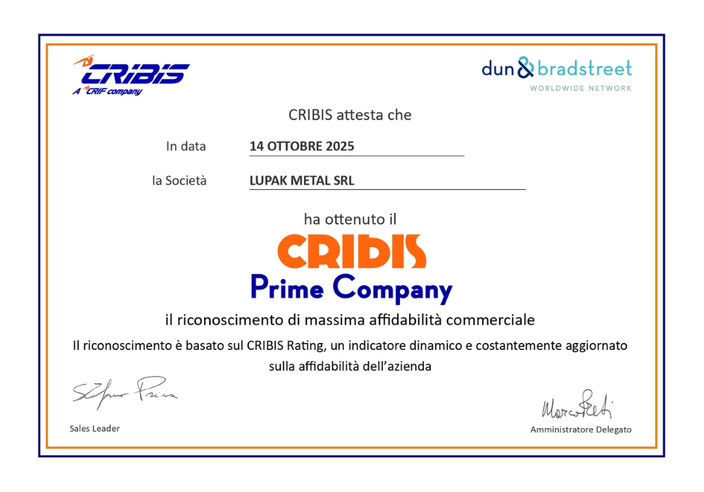 CRIBIS Prime Company: Lupak Metal conferma la massima affidabilità commerciale con un nuovo riconoscimento!