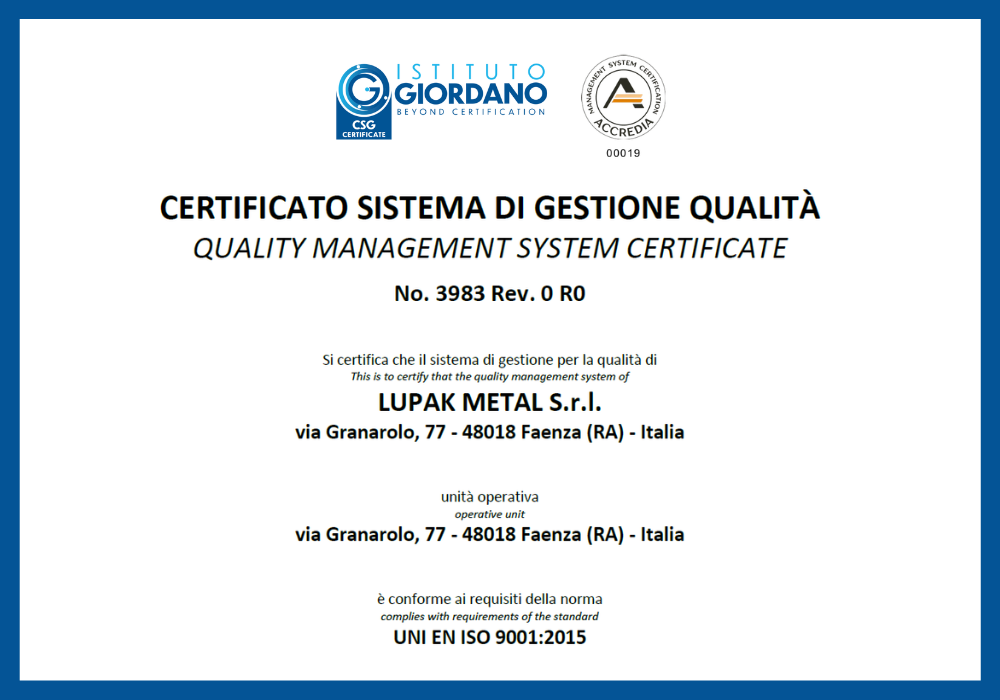 Lupak Metal certificazione ISO 9001